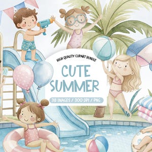 Summer Pool Clipart, Kids Summer Clipart, Pool Party Birthday Clipart, Summer Beach Clipart Watercolor, Cute Summer Clipart