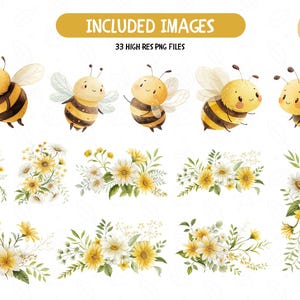 May include: A set of 33 digital illustrations featuring cute cartoon bees and floral arrangements. The bees are yellow and black with white wings and smiling faces. The flowers are white and yellow with green leaves. The illustrations are perfect for creating invitations, cards, and other craft projects.