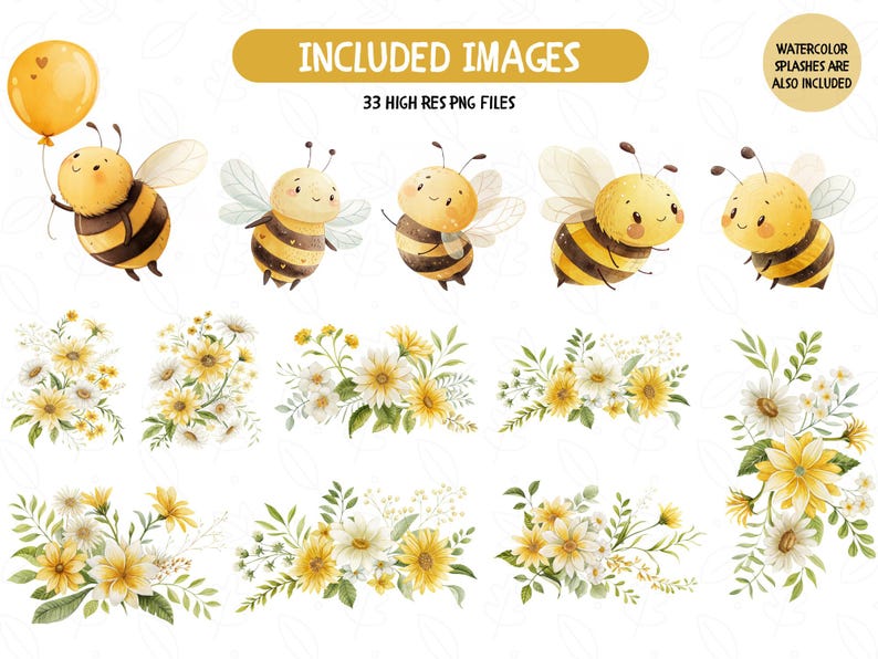 May include: A set of 33 digital illustrations featuring cute cartoon bees and floral arrangements. The bees are yellow and black with white wings and smiling faces. The flowers are white and yellow with green leaves. The illustrations are perfect for creating invitations, cards, and other craft projects.