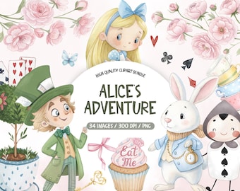 Watercolor Cute Alice In Wonderland Collection, Alice In Wonderland Clipart, Wonderland PNG Clipart, Watercolor Alice Adventures PNG Bundle