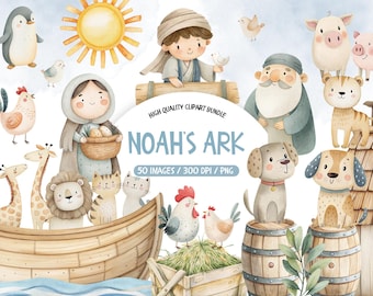 Cute Noahs Ark Watercolor Clipart, Noah And The Ark Clip Art, Noahs Ark Animals Clipart, Biblical Nursery Art, Watercolor Bible Clipart