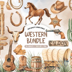 Può includere: Illustrazione ad acquerello di un pacchetto di clipart a tema western. Include un cavallo, un cappello da cowboy, un distintivo da sceriffo, una pistola, un cactus, un cartello del saloon, un carro e altri elementi. Il testo "WESTERN BUNDLE" è visualizzato.