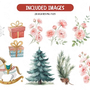 May include: Watercolor illustrations of Christmas and floral elements. Includes a snowflake, gift boxes, pink roses, a Christmas tree, a rocking horse, and pine branches. The text at the top reads "INCLUDED IMAGES" and "28 HIGH RES PNG FILES".
