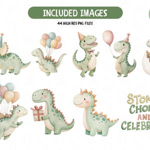 Może przedstawiać: Akwarelowe ilustracje r&oacute;żnych kresk&oacute;wkowych dinozaur&oacute;w w odcieniach zieleni, z czapkami imprezowymi, balonami i prezentami. Tekst brzmi "Included Images" i "Stomp, Chomp and Celebrate!" Zawiera 44 pliki PNG o wysokiej rozdzielczości.