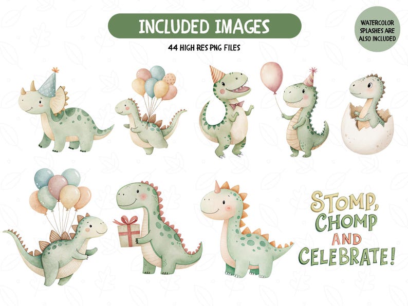 Może przedstawiać: Akwarelowe ilustracje r&oacute;żnych kresk&oacute;wkowych dinozaur&oacute;w w odcieniach zieleni, z czapkami imprezowymi, balonami i prezentami. Tekst brzmi "Included Images" i "Stomp, Chomp and Celebrate!" Zawiera 44 pliki PNG o wysokiej rozdzielczości.
