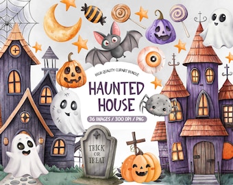 Watercolor Haunted House Clipart Bundle, Haunted Mansion Graphics, Whimsical Halloween Clip Art, Junk Journal Paper Crafts Decor