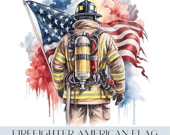 Firefighter American Flag PNG, Fireman Flag Sublimation PNG, Fireman Watercolor Png, Patriotic USA Scrapbook, First Responder Junk Journal
