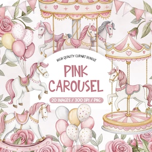 Watercolor Pink Carousel Clipart, Carousel Horse Clipart, Rocking Horse Clipart, Carousel Watercolor Clipart, Floral Carousel Horse Png