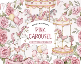 Watercolor Pink Carousel Horse Clipart, Nursery Decor (PNG)