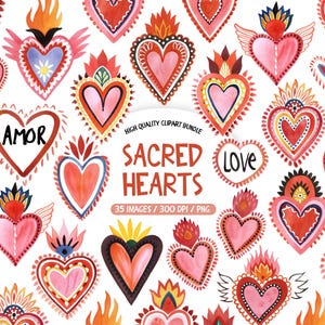 Può includere: Una collezione di illustrazioni ad acquerello di Sacri Cuori in vari design. I cuori sono principalmente rossi e rosa, con accenti di giallo, blu e arancione. Alcuni cuori hanno fiamme, ali o le parole "AMOR" e "LOVE". È presente anche il testo "SACRED HEARTS".