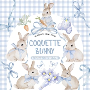Può includere: Pacchetto di clipart ad acquerello con adorabili coniglietti con fiocchi blu, carote e composizioni floreali. L'immagine include il testo "Coquette Bunny". Lo sfondo è un motivo a quadretti blu e bianco.