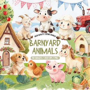 May include: A digital clipart bundle featuring watercolor illustrations of a farmhouse, a red tractor, hay bales, and various animals including a goat, cow, sheep, dog, chicken, pig, and horse, with the text HIGH QUALITY CLIPART BUNDLE BARNYARD ANIMALS.