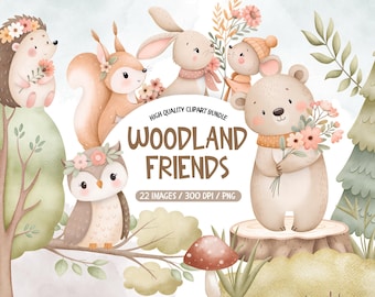 Aquarel bos clipart bundel, schattige bosdieren png, kinderkamerdieren illustraties, grillige bos clipart, schattige dieren clipart