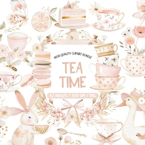 Könnte beinhalten: Aquarell-Clipart-Bundle zum Thema Teezeit. Enthält Teetassen, Kuchen, Makronen, Blumen, ein Kaninchen und eine Gans. Der Text "TEA TIME" ist abgebildet. Die Farbpalette ist zartrosa, pfirsichfarben und goldfarben, mit Messungen in cm.