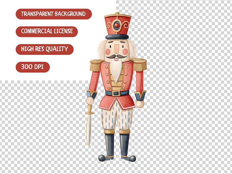May include: Watercolor illustration of a traditional nutcracker soldier. The figure is dressed in a red jacket with gold accents, white pants, and black boots. It holds a sword and wears a tall red hat.