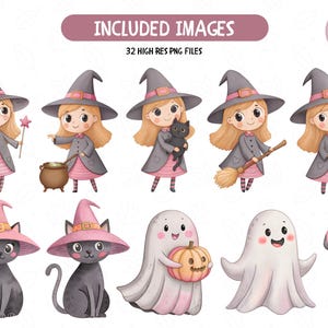 May include: A digital illustration featuring a collection of Halloween-themed images. The images include cartoon witches, black cats wearing pink witch hats, ghosts, a candy cane, and the text "INCLUDED IMAGES 32 HIGH RES PNG FILES".