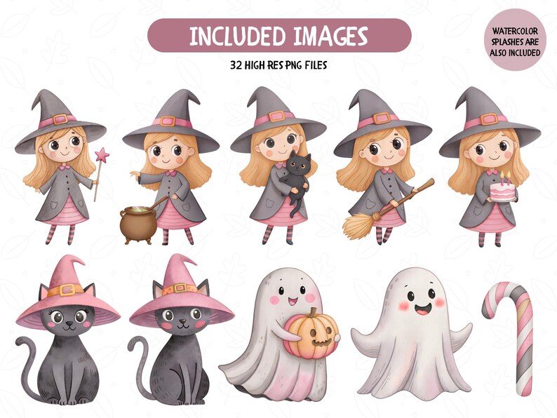 May include: A digital illustration featuring a collection of Halloween-themed images. The images include cartoon witches, black cats wearing pink witch hats, ghosts, a candy cane, and the text "INCLUDED IMAGES 32 HIGH RES PNG FILES".