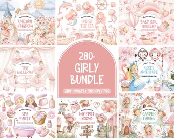 May include: A collection of watercolor illustrations with a girly theme. The images include unicorns, mermaids, ballerinas, spa items, and rodeo scenes. The text "280+ Girly Bundle" is displayed prominently.