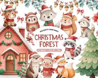 Puede incluir: Un paquete de imágenes prediseñadas digitales titulado CHRISTMAS FOREST que presenta ilustraciones en acuarela de animales del bosque con gorros de Navidad y bufandas, una casa decorada, un árbol de Navidad, bellotas y lazos, con 63 imágenes en PNG de 300 DPI.