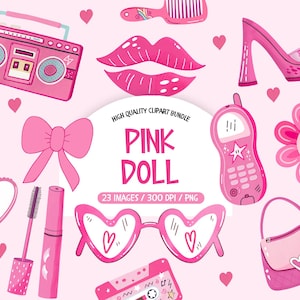 Pink Doll Clipart, Fashion Doll Png, Cute Pink Doll Clipart Bundle, Retro Doll Png Bundle, Pink Princess Clipart, Pretty Doll Clipart Pink
