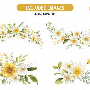May include: Four watercolor floral arrangements featuring white and yellow flowers with green leaves. The arrangements are perfect for adding a touch of nature to your designs.