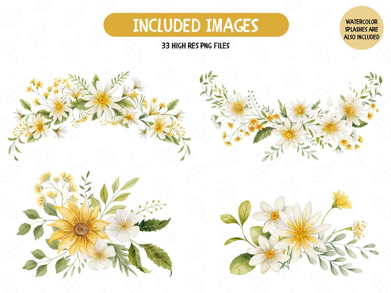 May include: Four watercolor floral arrangements featuring white and yellow flowers with green leaves. The arrangements are perfect for adding a touch of nature to your designs.