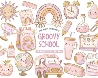 May include: A collection of cute, pastel-colored school-themed clip art. Includes a smiling sun, rainbow, backpack, alarm clock, pencil, bus, globe, and more. The text "GROOVY SCHOOL" is displayed prominently.