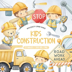 Könnte beinhalten: Aquarell-Illustration zum Thema Bauen für Kinder. Sie zeigt Cartoon-Figuren, Werkzeuge und Fahrzeuge, darunter einen Muldenkipper und einen Kran. Das Bild enthält auch ein Stoppschild und ein Baustellenschild. Der Text lautet "KIDS CONSTRUCTION".