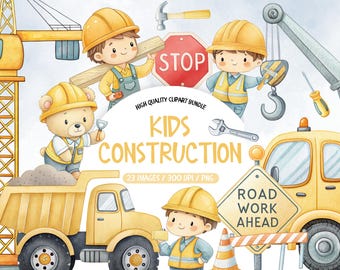 Kinder Aufbau Clipart, Baustelle Party PNG, Baby LKW PNG Bündel, Aquarell Kipper, Baustellenfahrzeug Clipart