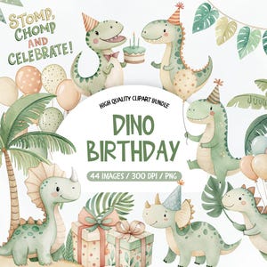 Może przedstawiać: Ilustracja akwarelowa z kresk&oacute;wkowymi dinozaurami świętującymi urodziny. Obraz zawiera tekst "Stomp, Chomp and Celebrate!" i "Dino Birthday". Zielone dinozaury mają na sobie czapki urodzinowe, z balonami i prezentami.