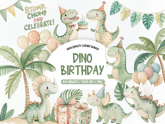 Dinosaur Party Clipart, Jurassic World PNG Bundle, Dino Party Watercolor Clipart, Cute T-Rex Illustrations Pack, Baby Dino Birthday PNG