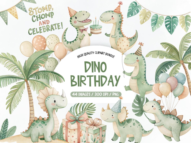 Może przedstawiać: Ilustracja akwarelowa z kresk&oacute;wkowymi dinozaurami świętującymi urodziny. Obraz zawiera tekst "Stomp, Chomp and Celebrate!" i "Dino Birthday". Zielone dinozaury mają na sobie czapki urodzinowe, z balonami i prezentami.