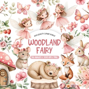Pode incluir: Um conjunto de cliparts digitais com tema de floresta. Inclui fadas em vestidos rosa, um urso, uma raposa, um coelho e um rato, rodeados por flores e borboletas. O texto "Woodland Fairy" é exibido.