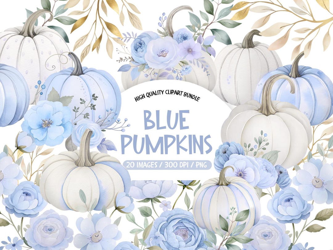 Blue Pumpkin Floral Clipart Bundle, Watercolor Fall PNG (digital ...