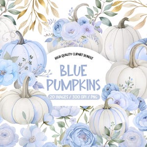 Blue Pumpkin Clipart, Floral Pumpkins Clipart, Blue Pumpkin Bouquets PNG Bundle, Watercolor Coquette Pumpkin PNG, Fall Boy Birthday Clipart