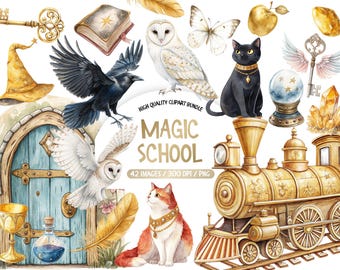 Watercolor Wizard School Clipart, Magic Wizard PNG, Potion Owl Wand Castle Clipart, Wizard Baby Shower Birthday PNG
