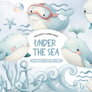 Puede incluir: Un paquete de clipart digital de ilustraciones de acuarela con lindas ballenas azules con diferentes expresiones, un ancla, conchas marinas y algas marinas. El texto "Under the Sea" está escrito en una fuente azul y blanca. El paquete incluye 30 imágenes a 300 DPI en formato PNG.