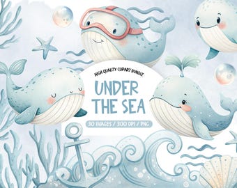 Under The Sea Watercolor Clipart, Ocean Clipart, Blue Whale Clip Art Bundle, Under The Sea Animal Clipart Watercolor, Whale Nursery Clipart
