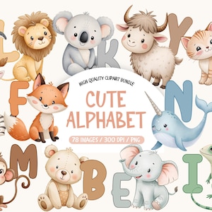 かわいい動物のアルファベットのクリップアート、水彩文字のPNG、アルファベット文字のクリップアート、動物のABC PNGバンドル、保育園の装飾のクリップアート