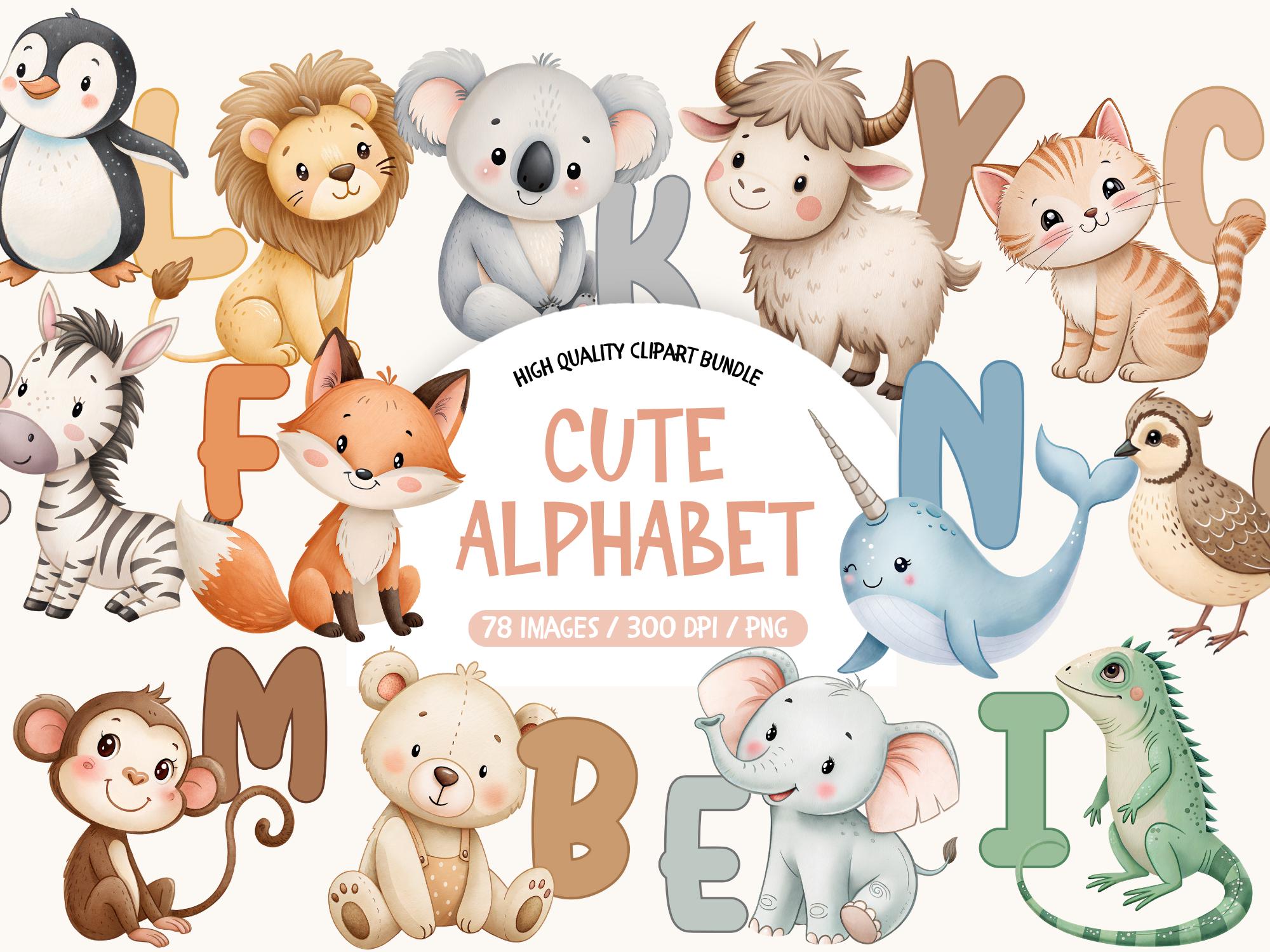 Cute Animal Alphabet Clipart, Watercolor Letters PNG, Alphabet Letters Clipart, Animal ABC PNG Bundle, Nursery Decoration Clipart