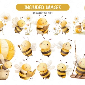 May include: A set of 33 digital illustrations featuring cute cartoon bees in various poses. The bees are depicted with yellow and black stripes, and some are holding objects like books, flowers, and honey jars. The illustrations are perfect for adding a touch of whimsy to your designs.