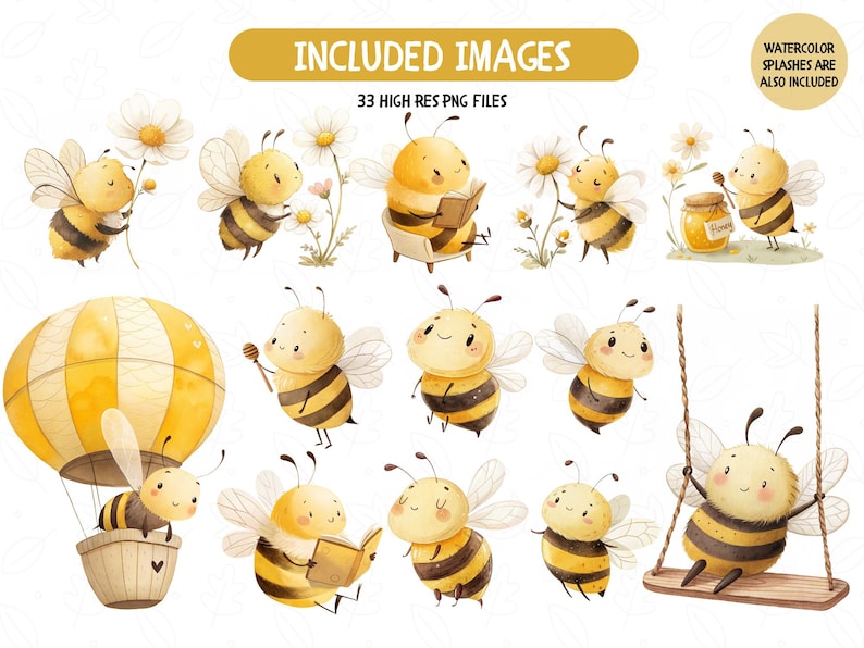 May include: A set of 33 digital illustrations featuring cute cartoon bees in various poses. The bees are depicted with yellow and black stripes, and some are holding objects like books, flowers, and honey jars. The illustrations are perfect for adding a touch of whimsy to your designs.