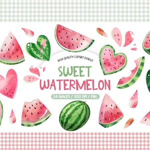Pode incluir: Uma coleção de ilustrações em aquarela de melancias, incluindo melancias inteiras, fatias e desenhos em forma de coração. O texto "Sweet Watermelon" é exibido em uma fonte lúdica, com as palavras "High Quality Clipart Bundle" acima e "24 Images / 300 DPI / PNG" abaixo.
