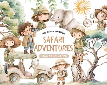 Watercolor Safari Friends Clipart, Cute Jungle Animals Clipart, Safari Explorer Clipart, Baby Shower Clipart, Nursery Safari Ranger Clipart