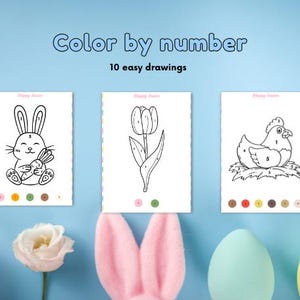 May include: Color by number activity sheets with three images: a bunny holding a carrot, a tulip, and a chicken in a nest. Each image has a corresponding color palette with numbered circles.
