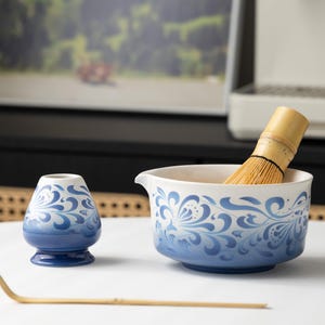 Hand-Painted Blue & White Porcelain Matcha Bowl Set: Tea Ceremony Gift