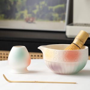 Hand-Painted Rainbow Matcha Bowl Set: Ceramic Tea Ceremony Gift