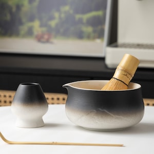 Handmade Ceramic Matcha Tea Set: Ombré Bowl, Bamboo Whisk & Stand