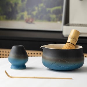 Handmade Ceramic Matcha Tea Set: Ombré Bowl, Bamboo Whisk & Stand