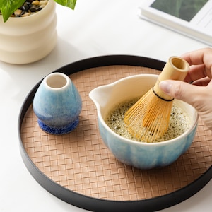 Hand-Glazed Ceramic Matcha Bowl Set: Deep Sea Ombré, Bamboo Whisk